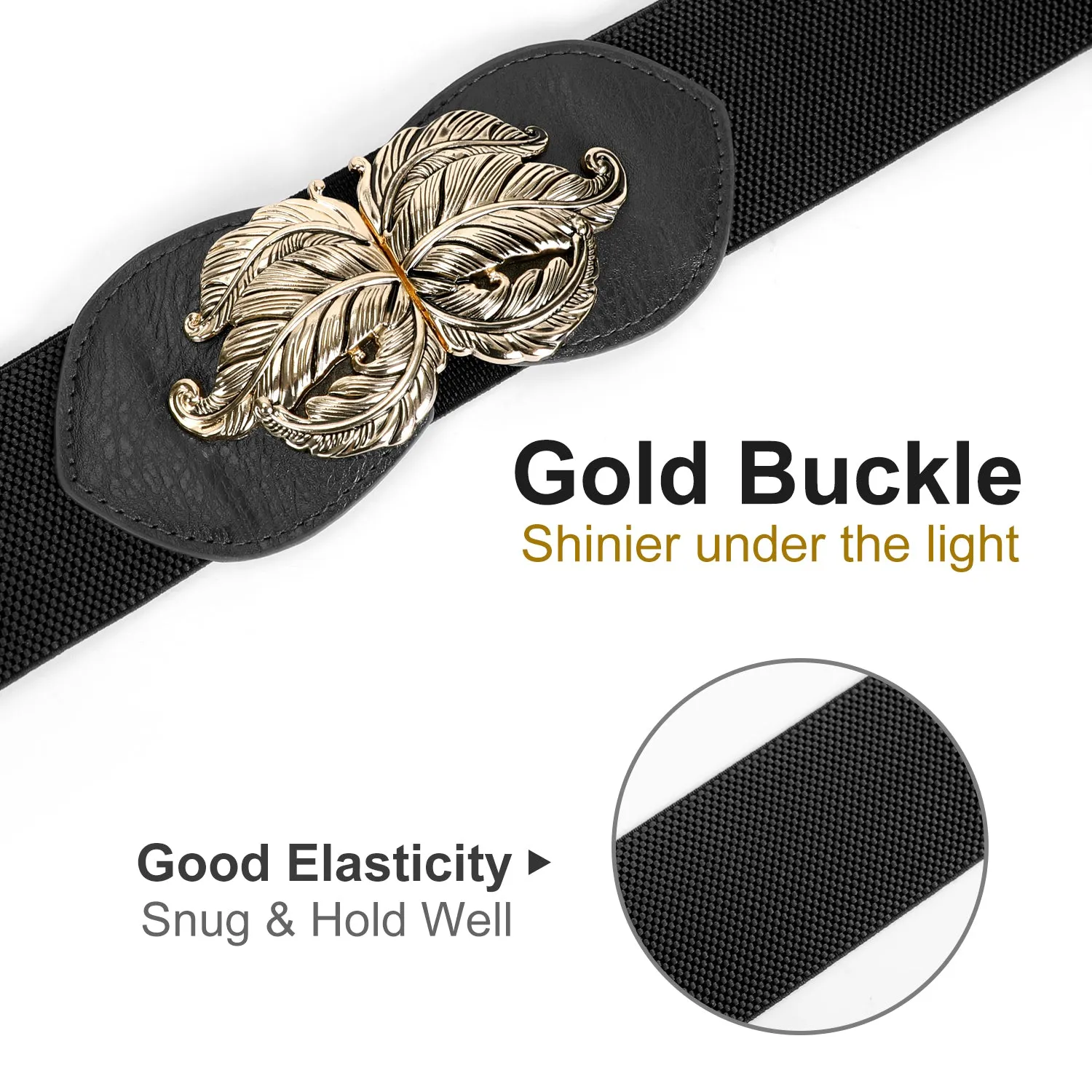 JASGOOD Women Vintage Elastic Belt,Stretch Dress Waistband for Ladies,Cute Waist Belt with Gold Leaf Buckle,2.3Inch Wide