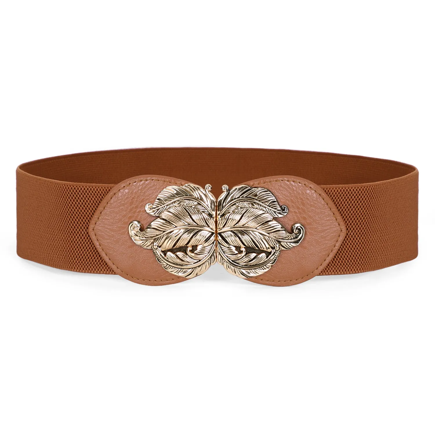 JASGOOD Women Vintage Elastic Belt,Stretch Dress Waistband for Ladies,Cute Waist Belt with Gold Leaf Buckle,2.3Inch Wide