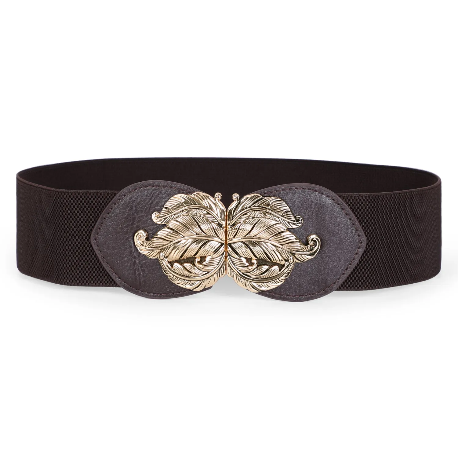 JASGOOD Women Vintage Elastic Belt,Stretch Dress Waistband for Ladies,Cute Waist Belt with Gold Leaf Buckle,2.3Inch Wide