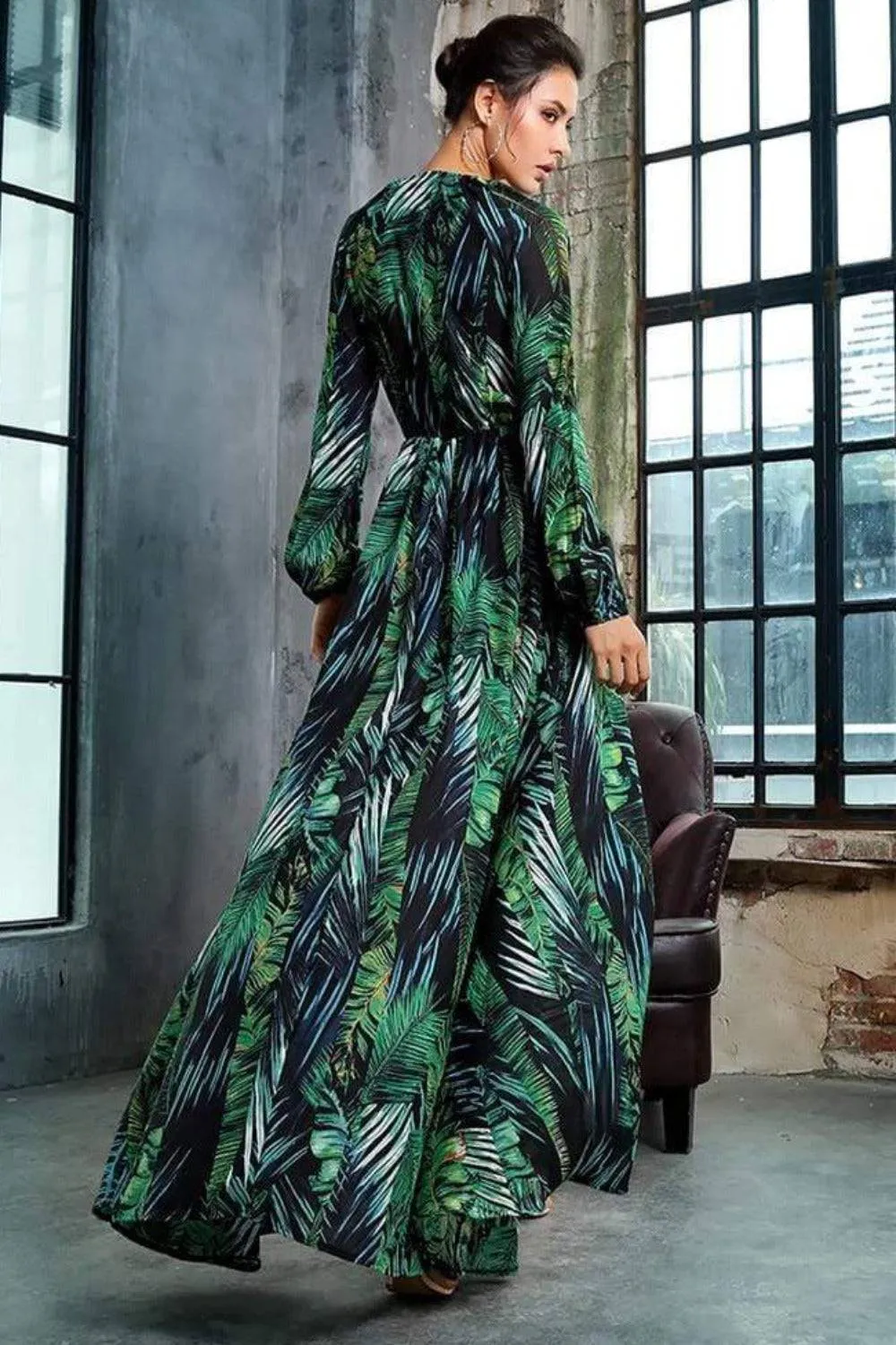 Jennifer Jungle Leaf Print Chiffon Bodysuit Dress