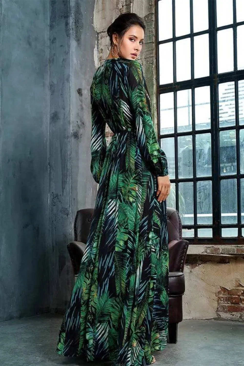 Jennifer Jungle Leaf Print Chiffon Bodysuit Dress