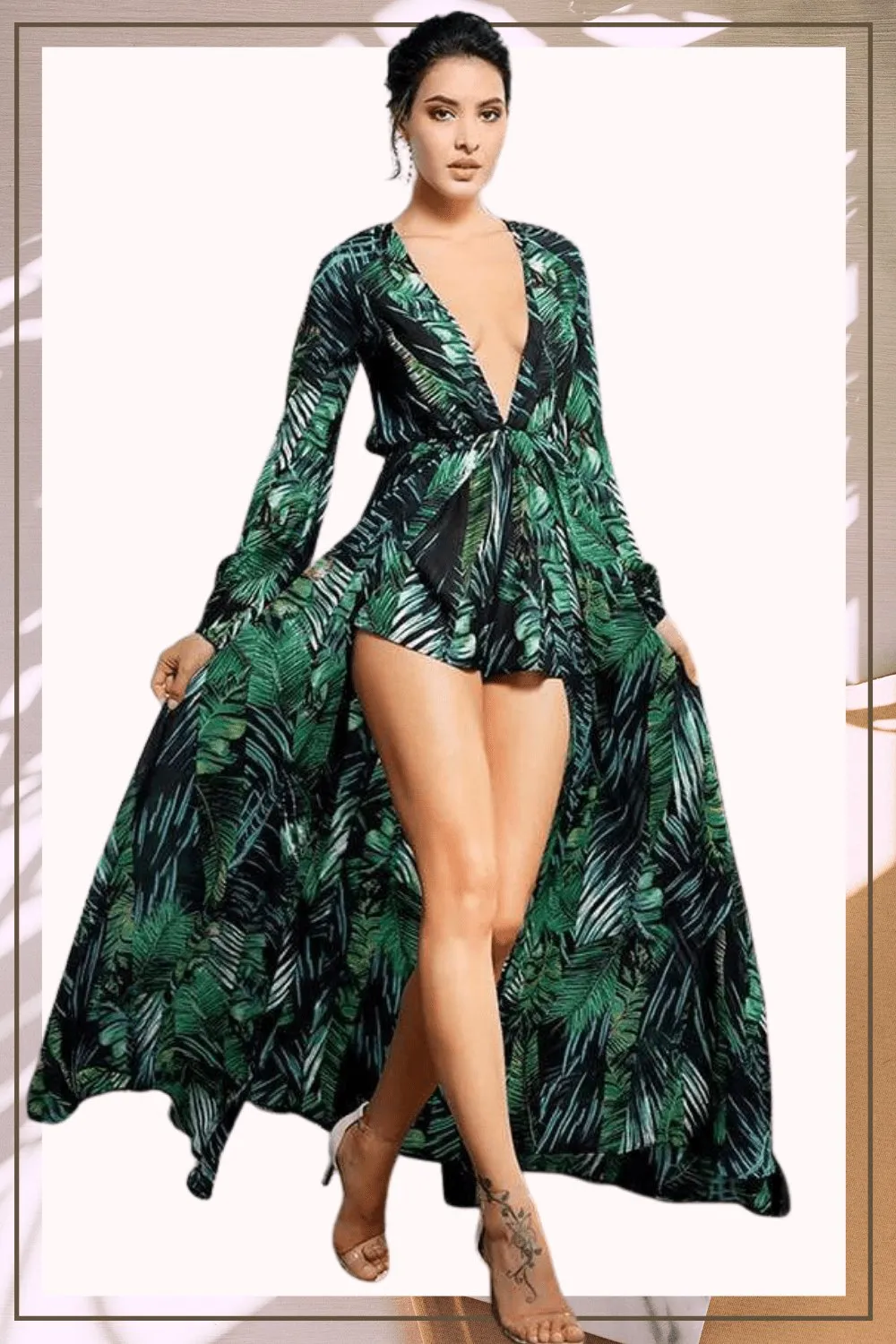 Jennifer Jungle Leaf Print Chiffon Bodysuit Dress