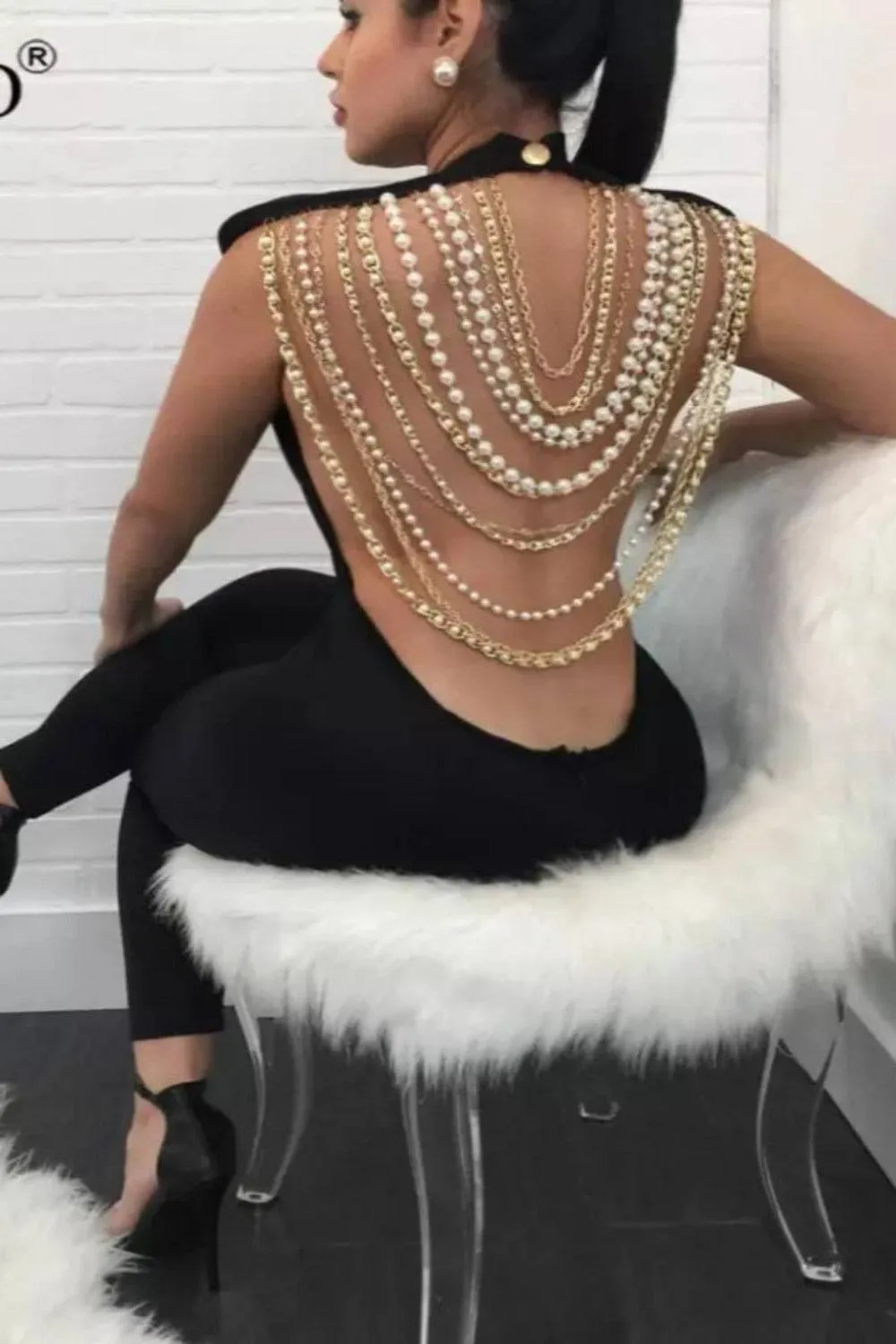 Kendall Pearl Chain Jumpsuit - Black