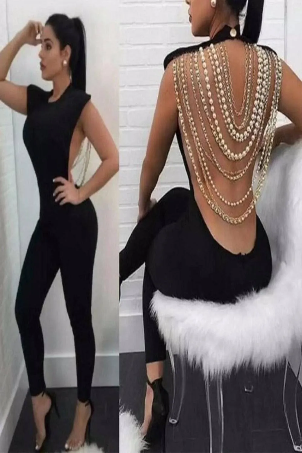 Kendall Pearl Chain Jumpsuit - Black