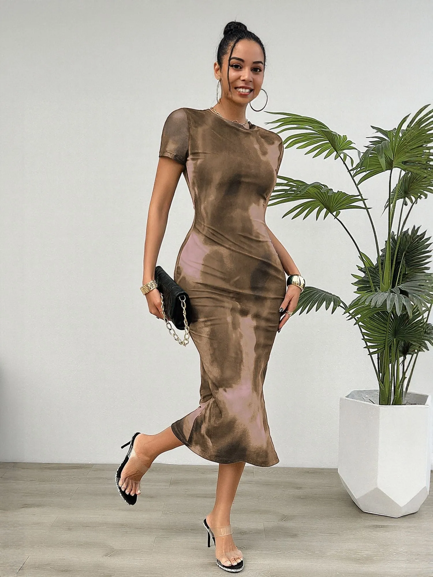 Khaki Power Mesh Midi Dress
