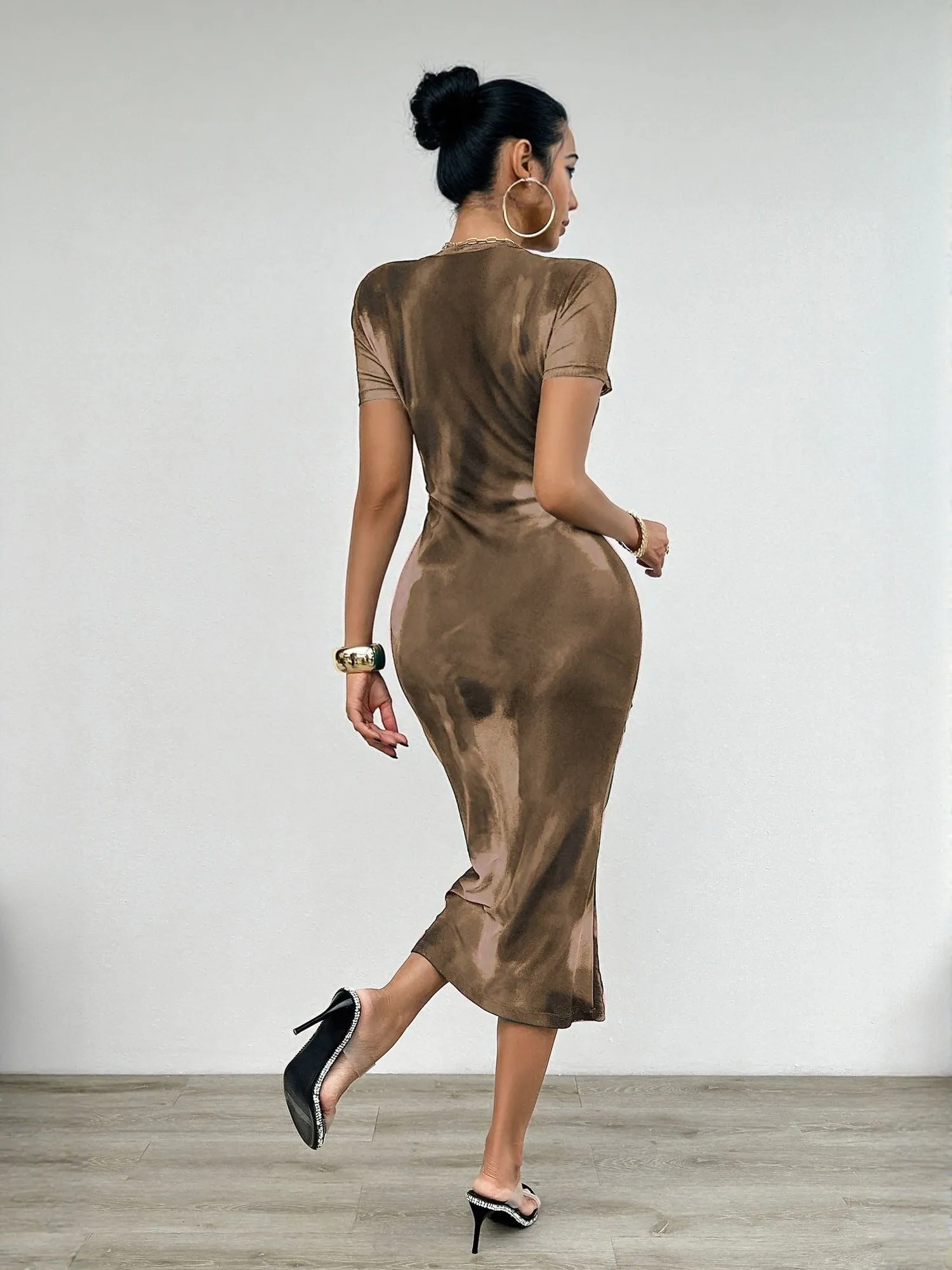 Khaki Power Mesh Midi Dress