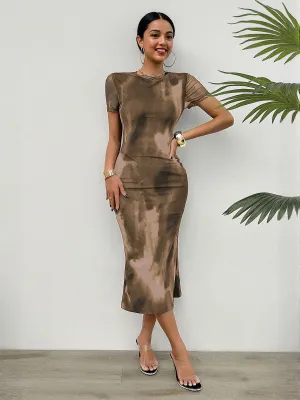 Khaki Power Mesh Midi Dress