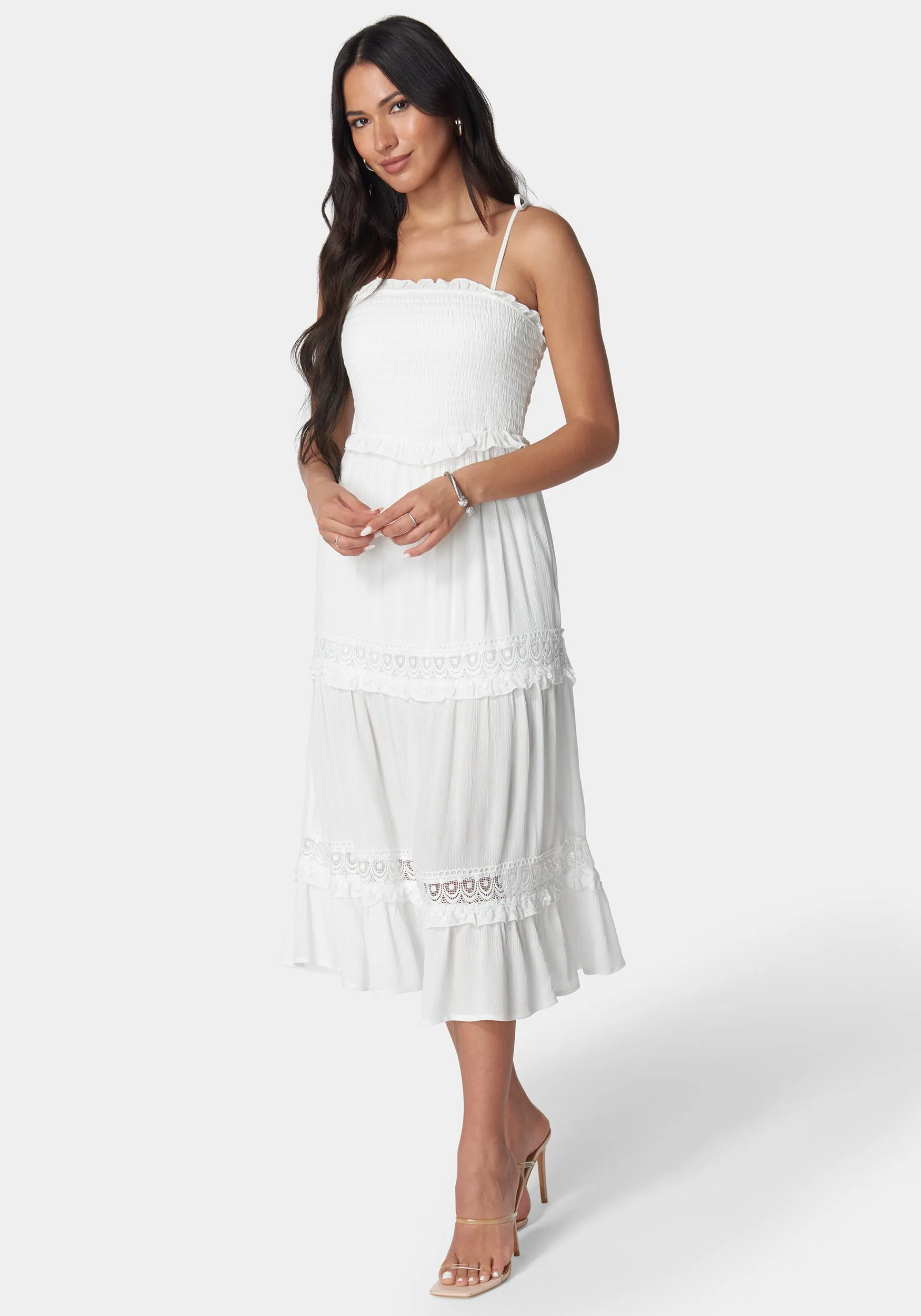 Lace Inset Smocked Midi Dress