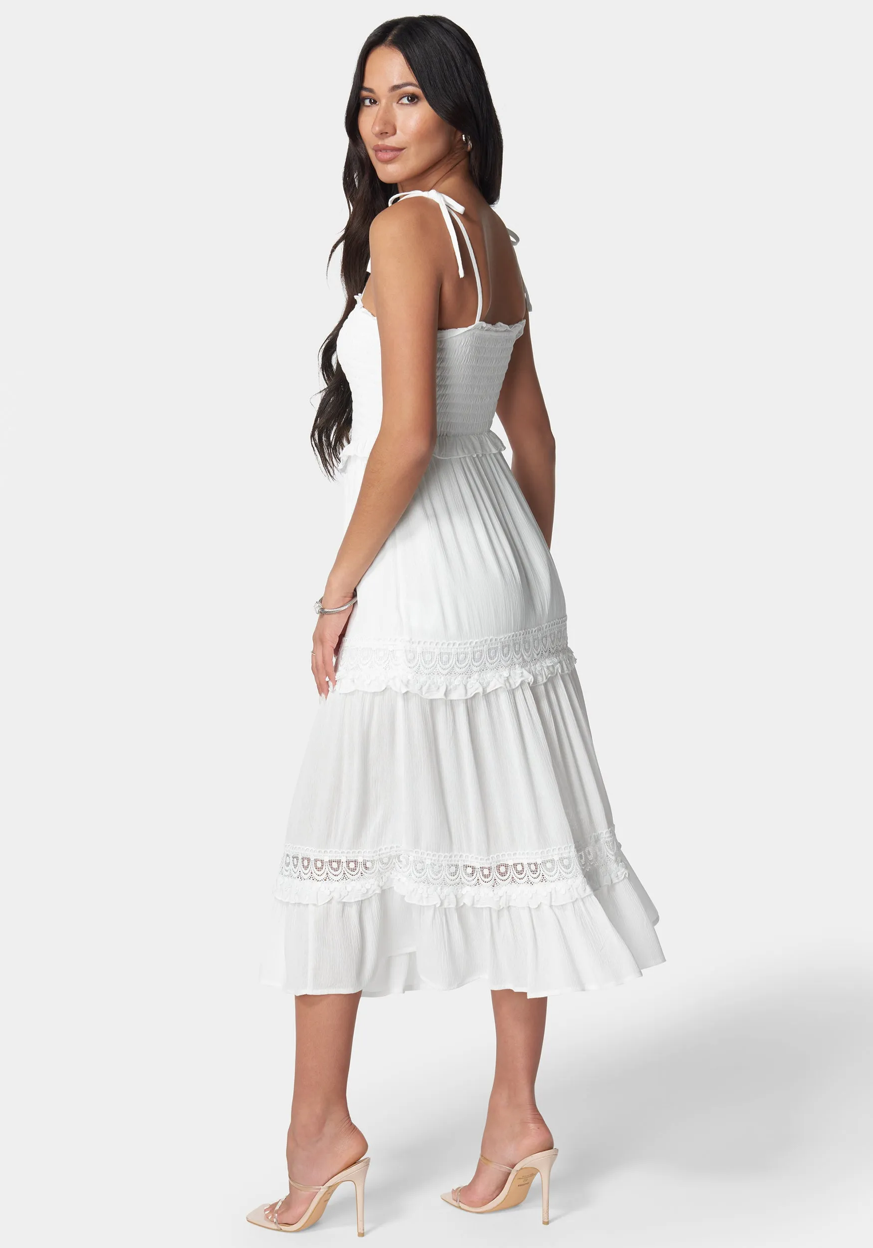 Lace Inset Smocked Midi Dress