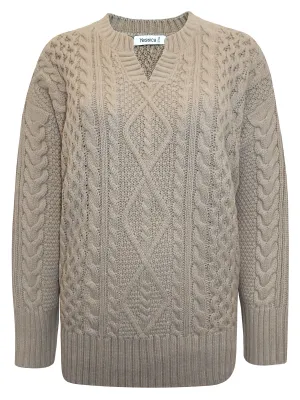 Ladies Beige Ribbed V Neck Chunky Cable Knit Jumper