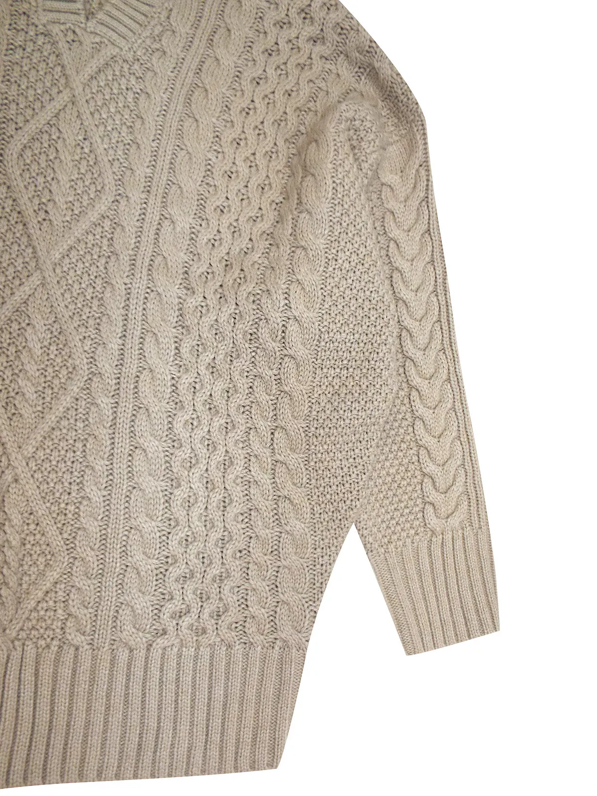 Ladies Beige Ribbed V Neck Chunky Cable Knit Jumper