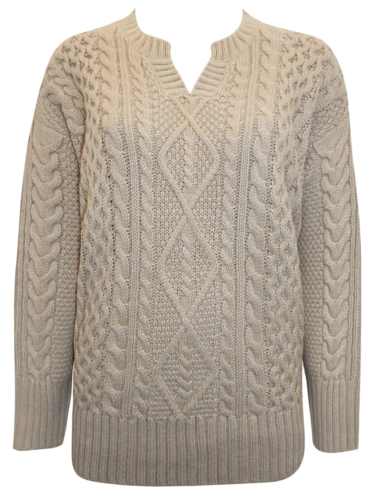 Ladies Beige Ribbed V Neck Chunky Cable Knit Jumper