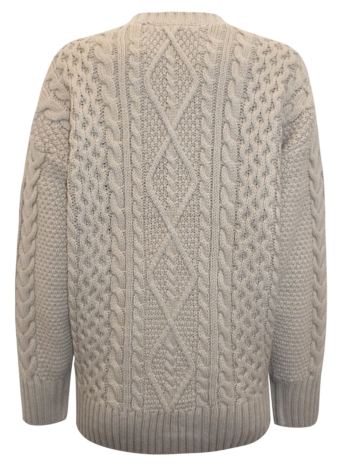 Ladies Beige Ribbed V Neck Chunky Cable Knit Jumper