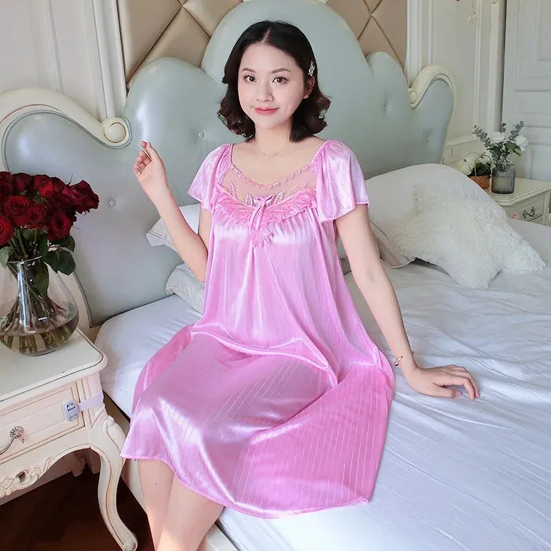 Ladies Ice Silk Nightgowns Sleeping Dress Medium Length Short Sleeve Nightdress Sexy Sleepwear Home Wear Loungewear Pyjama Femme