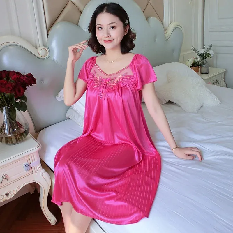 Ladies Ice Silk Nightgowns Sleeping Dress Medium Length Short Sleeve Nightdress Sexy Sleepwear Home Wear Loungewear Pyjama Femme