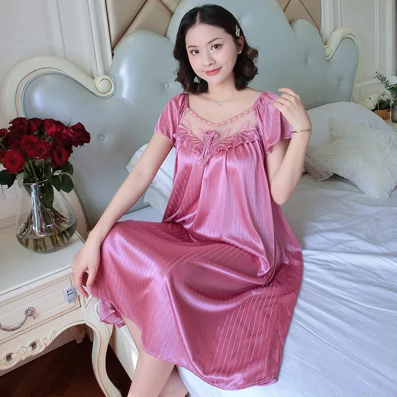 Ladies Ice Silk Nightgowns Sleeping Dress Medium Length Short Sleeve Nightdress Sexy Sleepwear Home Wear Loungewear Pyjama Femme