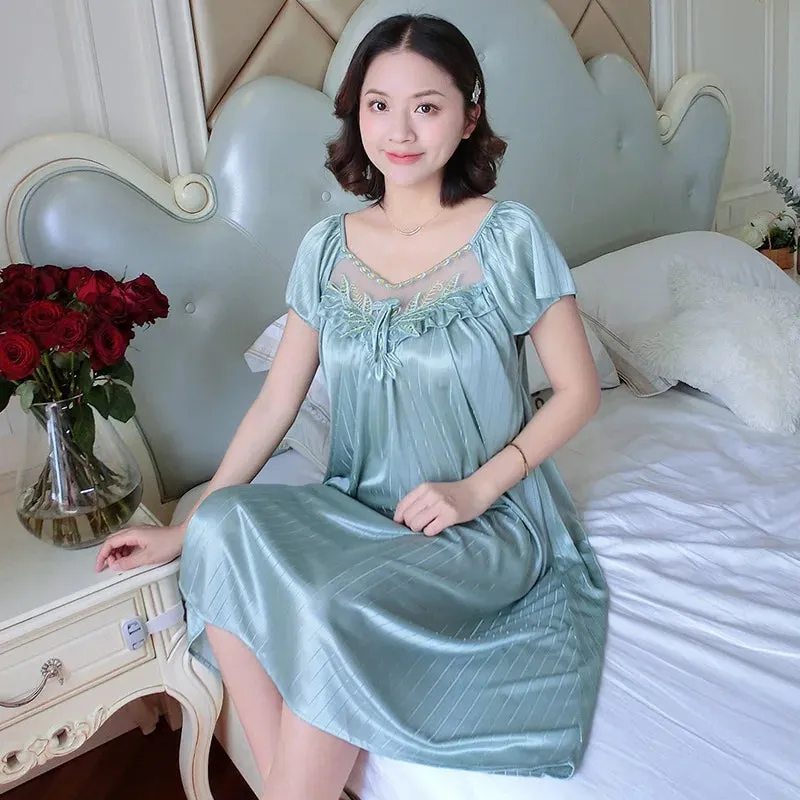 Ladies Ice Silk Nightgowns Sleeping Dress Medium Length Short Sleeve Nightdress Sexy Sleepwear Home Wear Loungewear Pyjama Femme