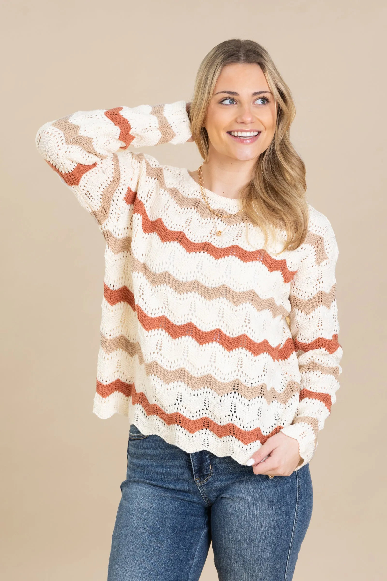 Lightweight Crochet Knit Wavy Striped Sweaters