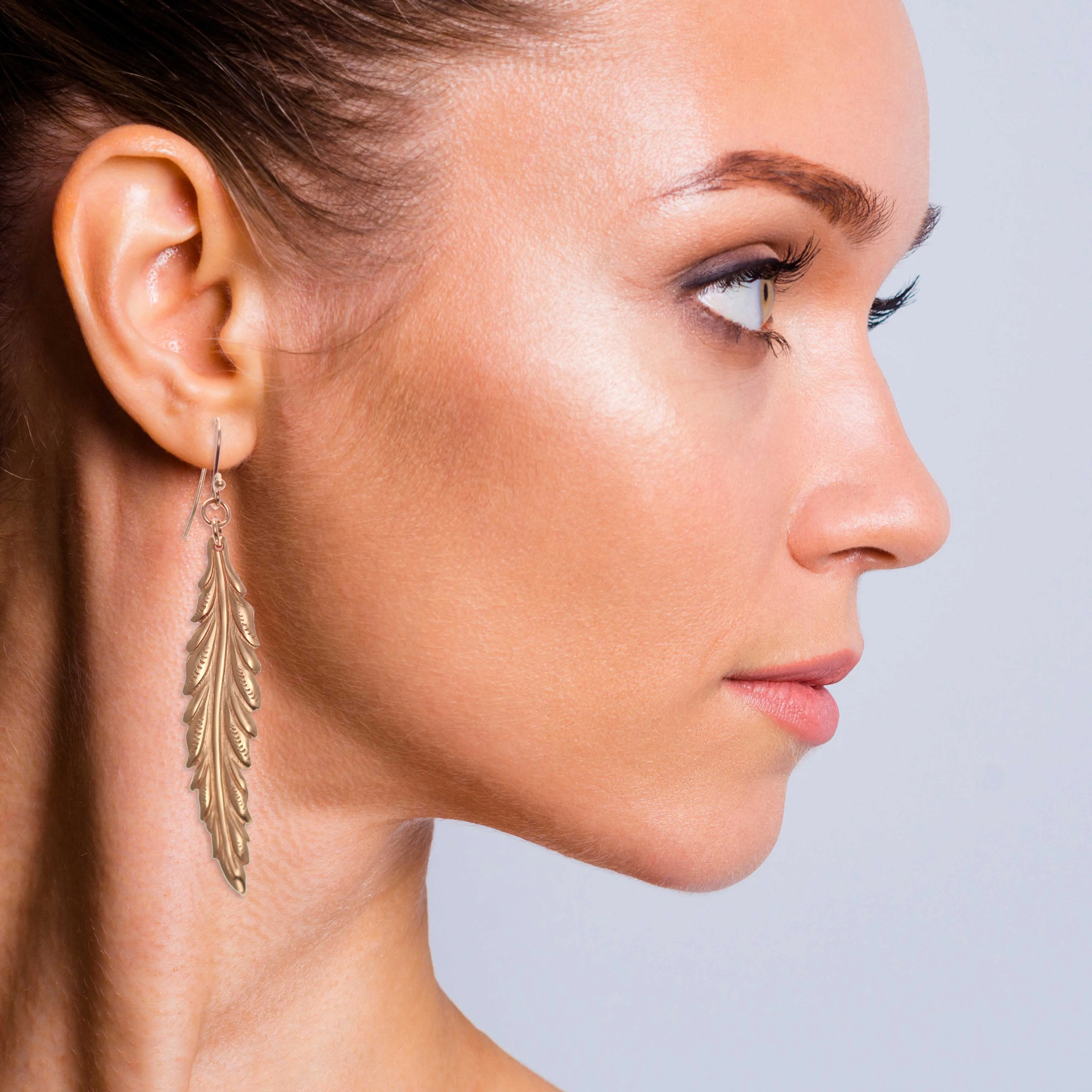 Long Feather Copper Drop Earrings