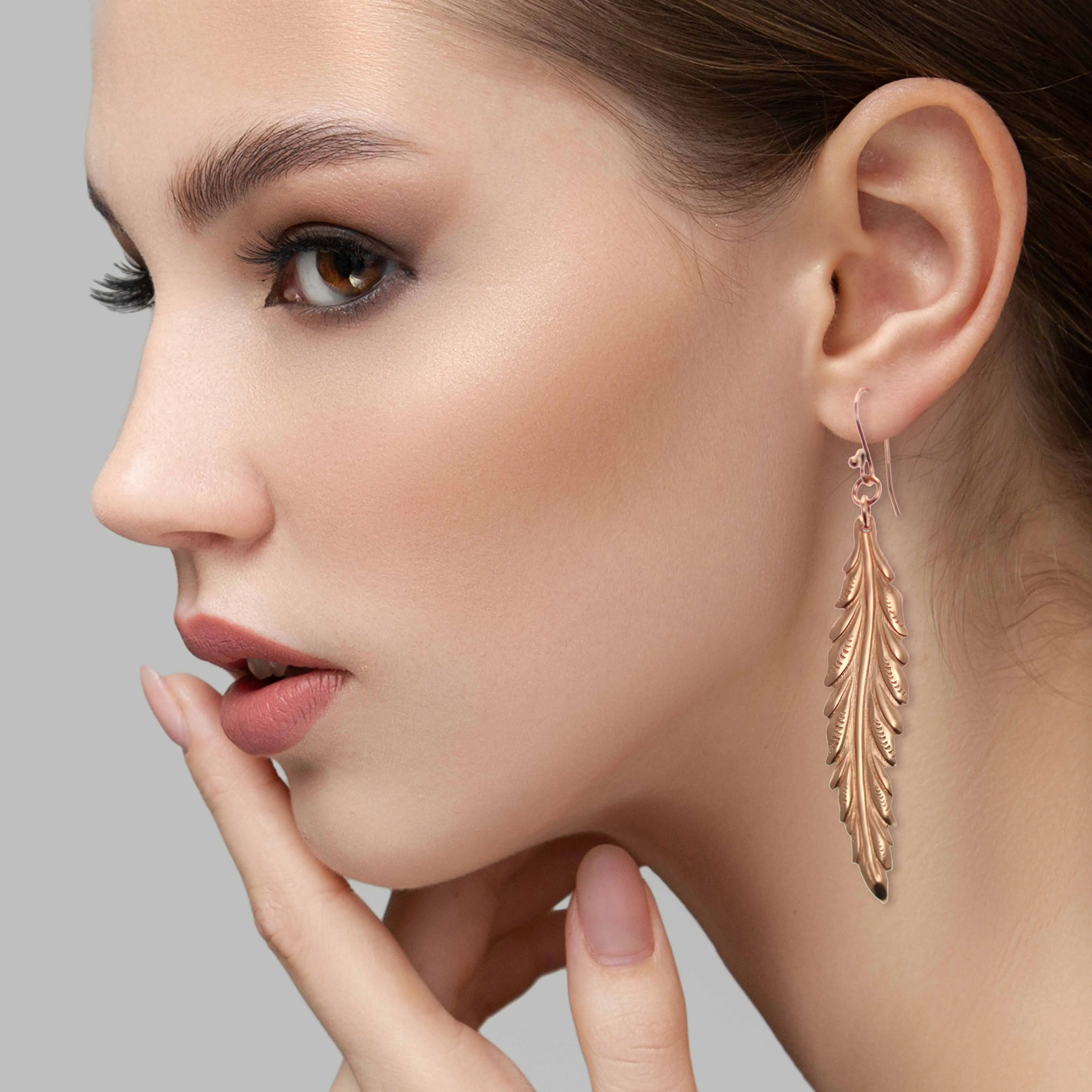 Long Feather Copper Drop Earrings
