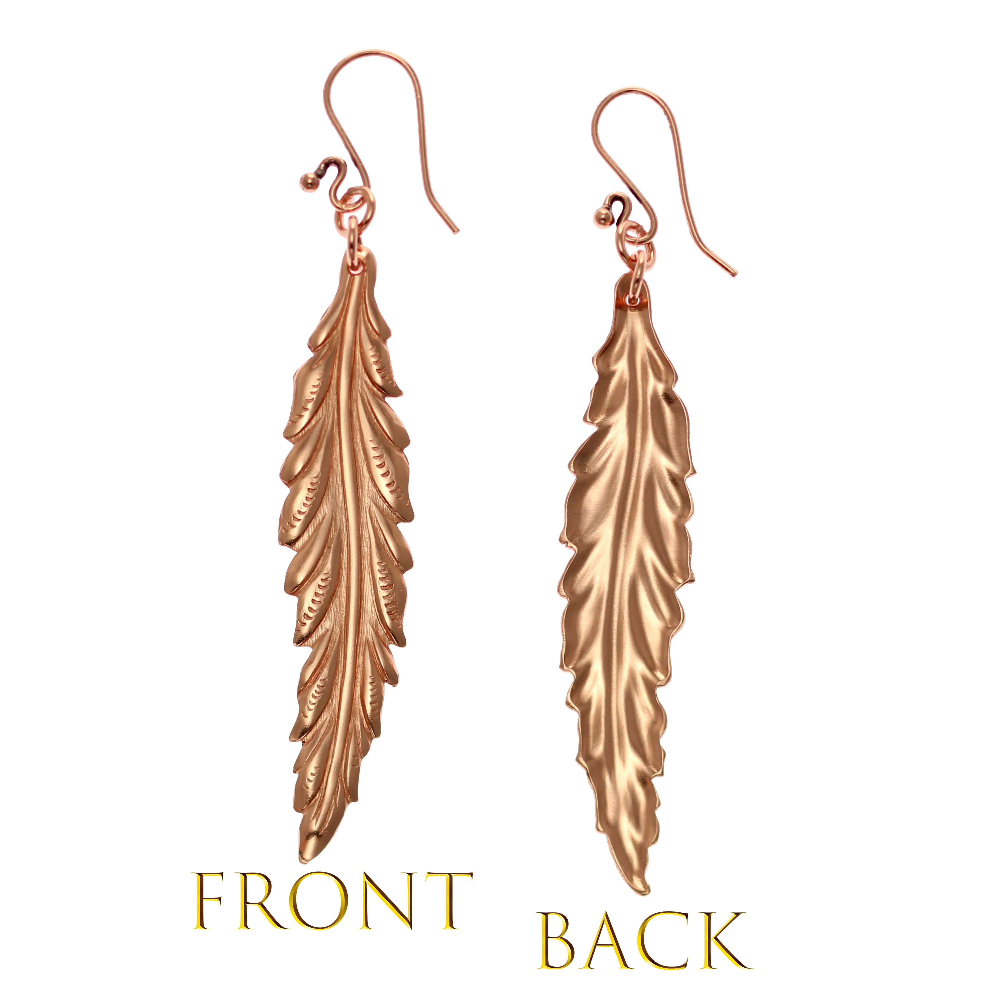 Long Feather Copper Drop Earrings