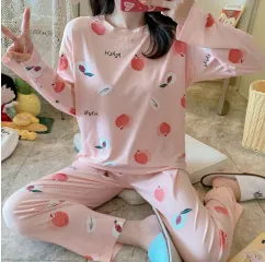 Long Sleeve Round Neck Peach Print Pajama Set