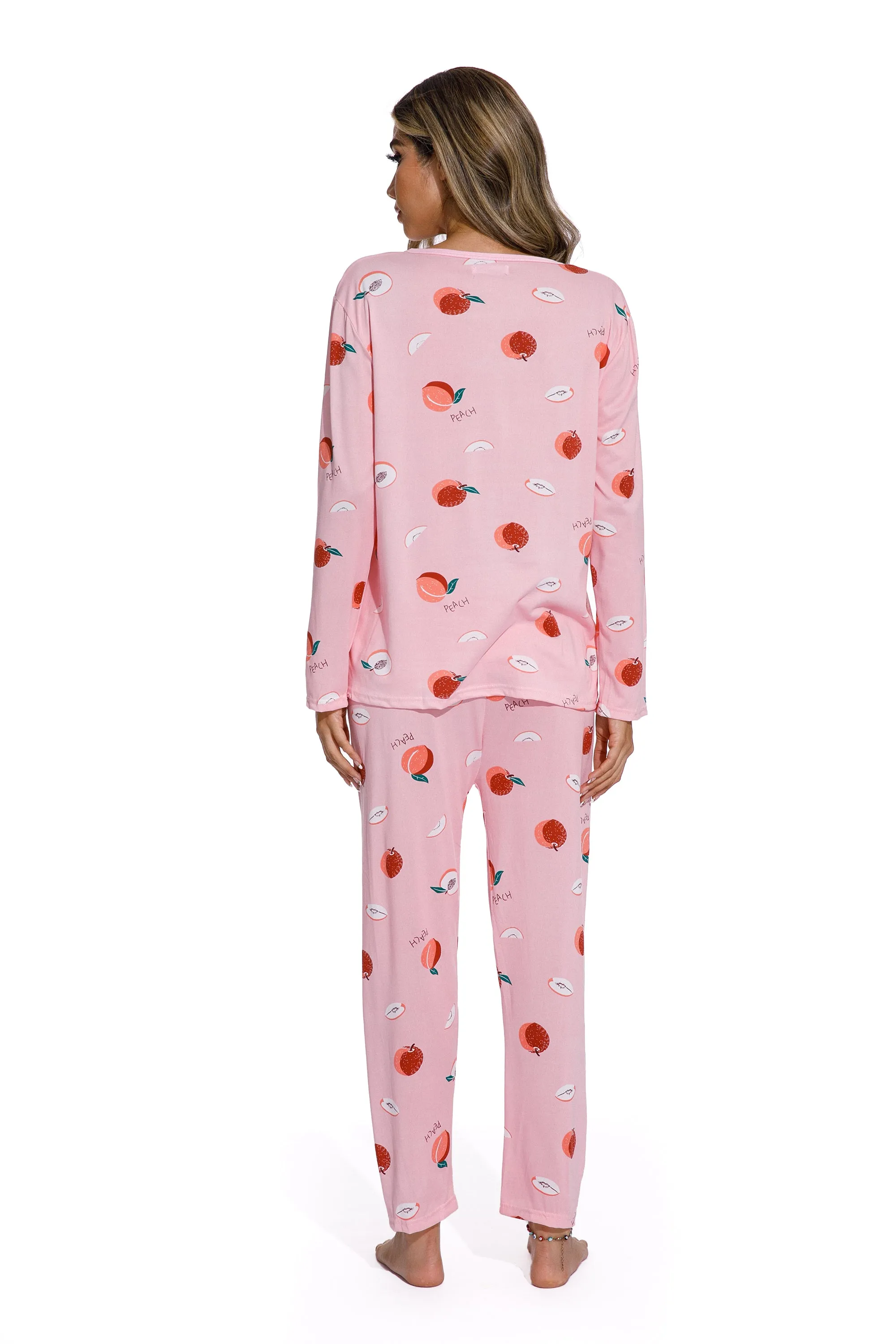 Long Sleeve Round Neck Peach Print Pajama Set