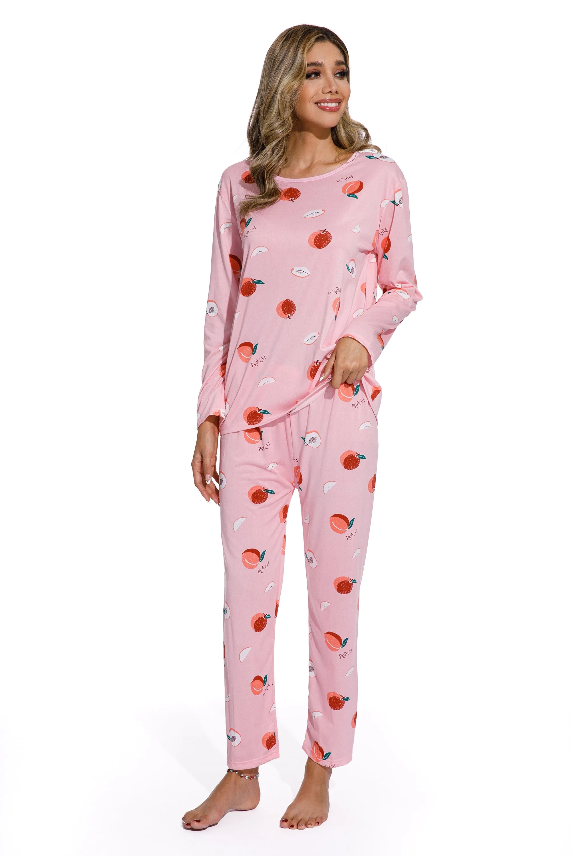 Long Sleeve Round Neck Peach Print Pajama Set