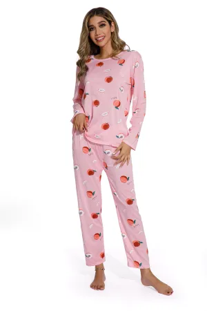 Long Sleeve Round Neck Peach Print Pajama Set