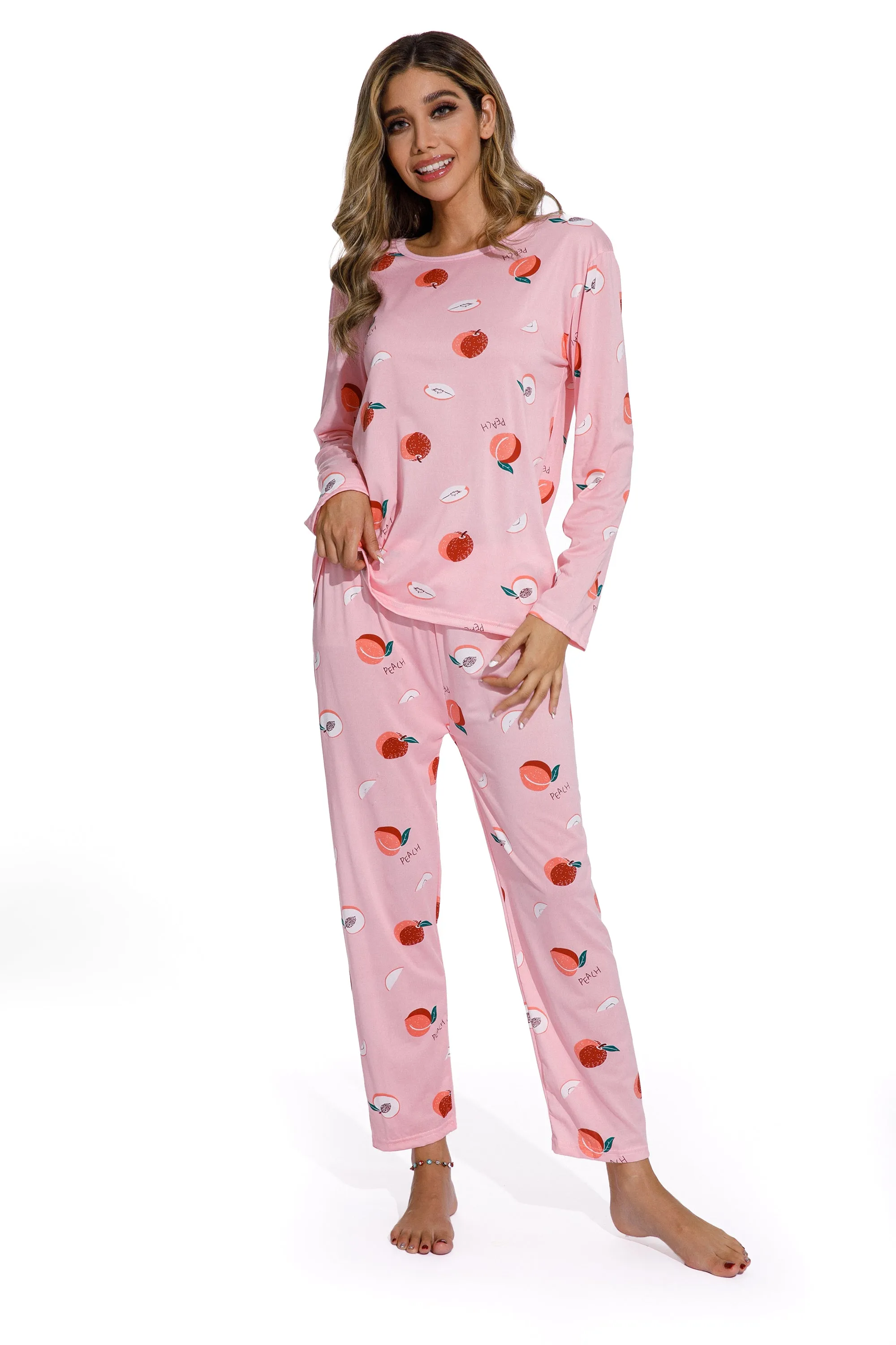 Long Sleeve Round Neck Peach Print Pajama Set