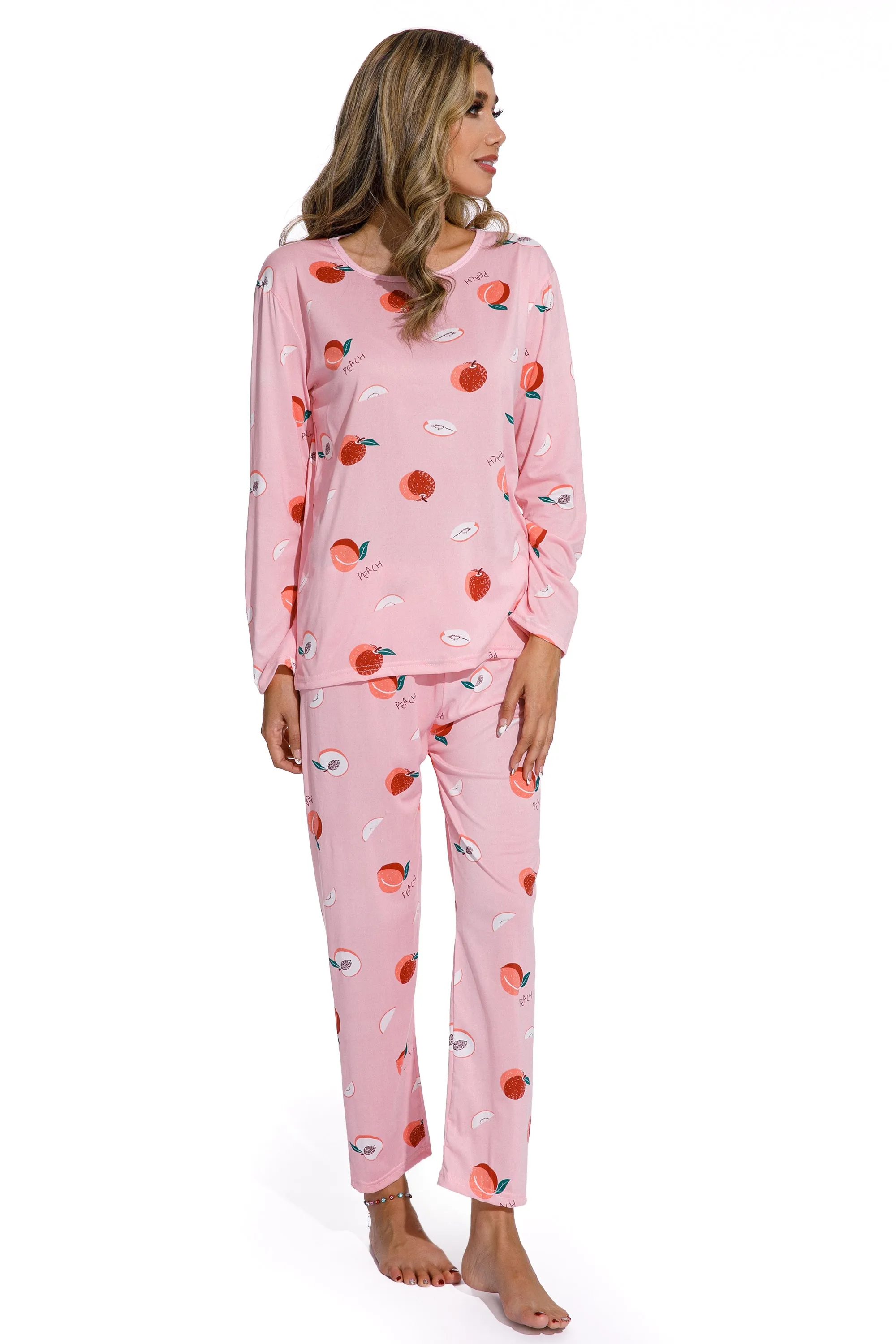 Long Sleeve Round Neck Peach Print Pajama Set