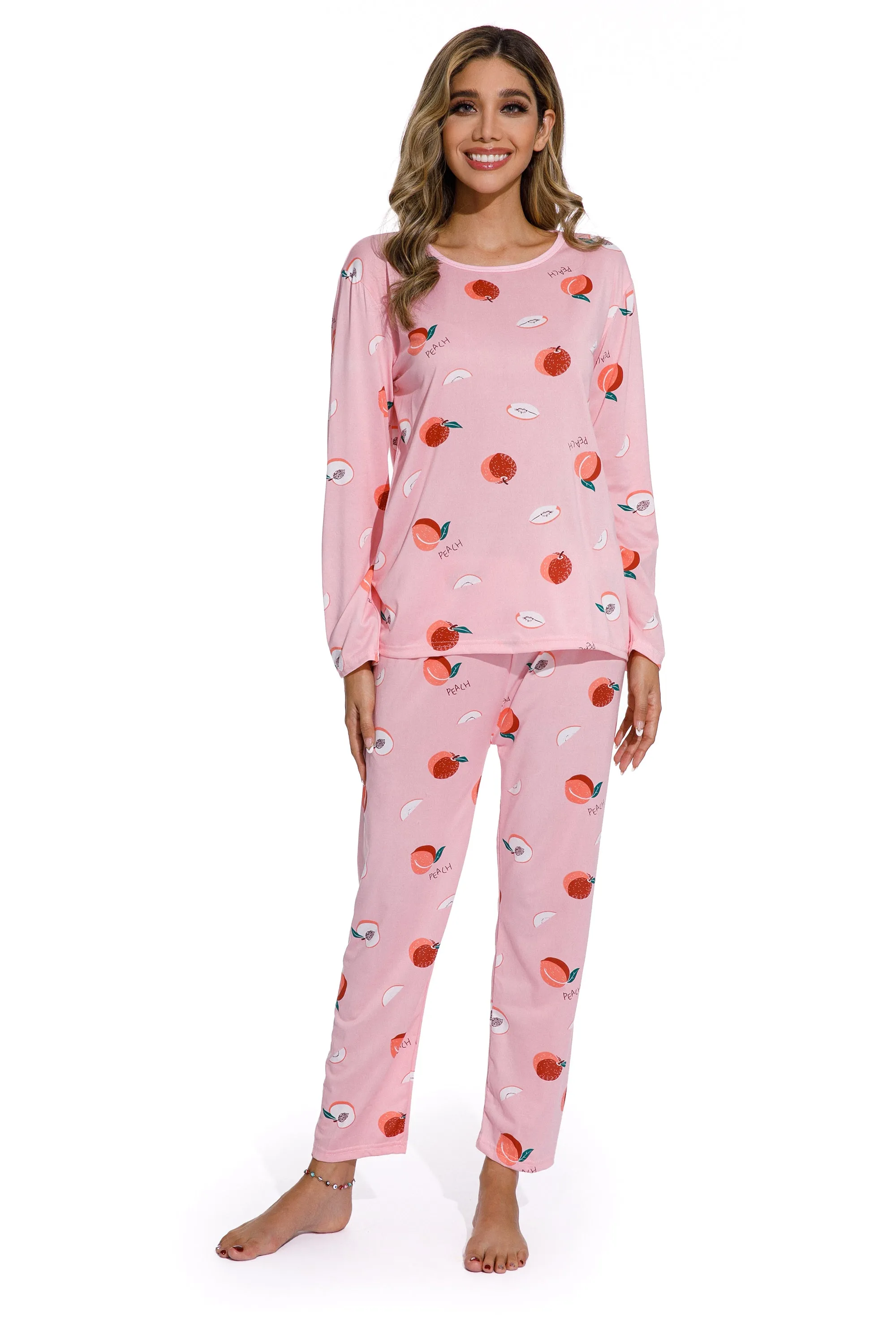 Long Sleeve Round Neck Peach Print Pajama Set