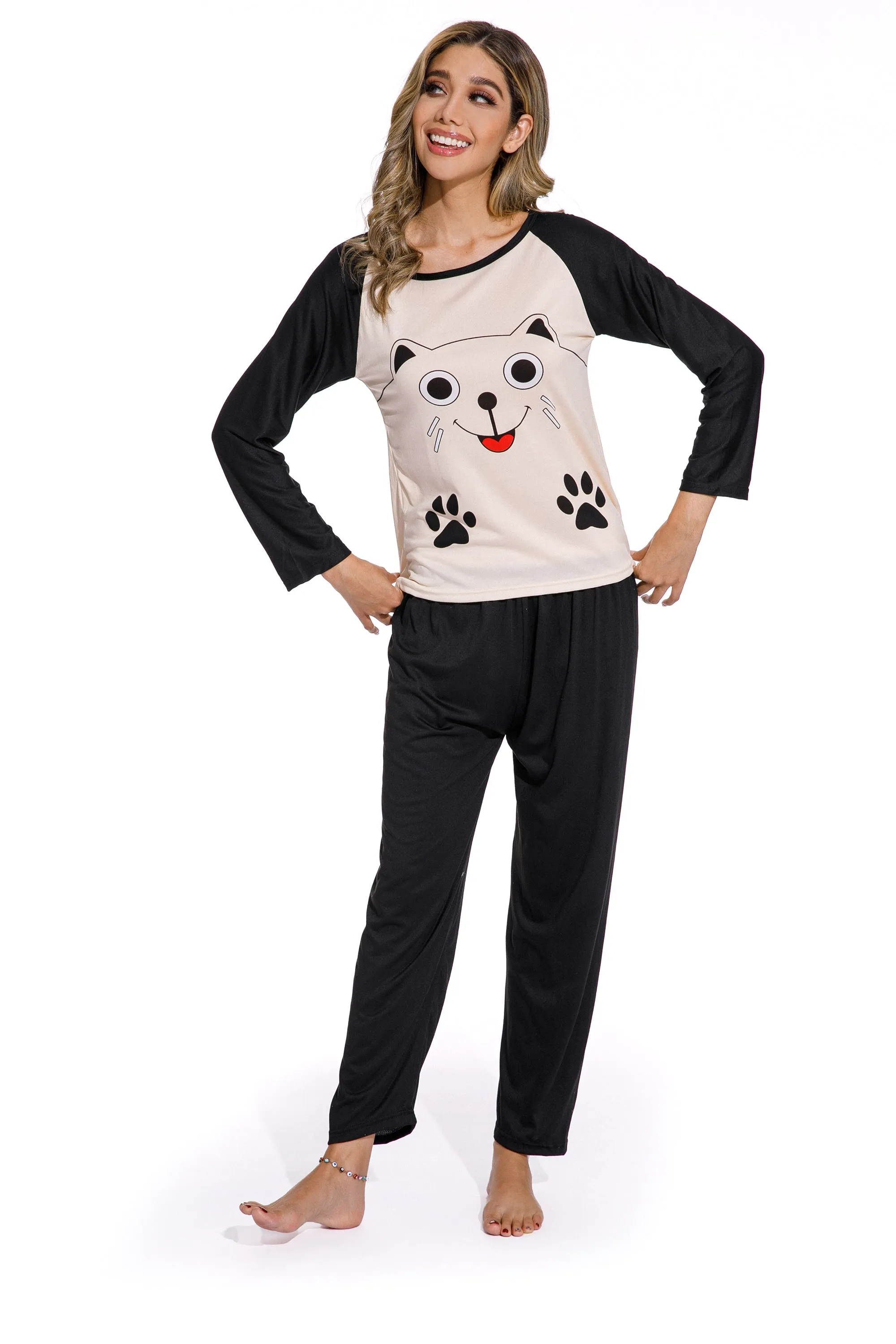 Long Sleeve Smiley Cat Print Sleepwear Set