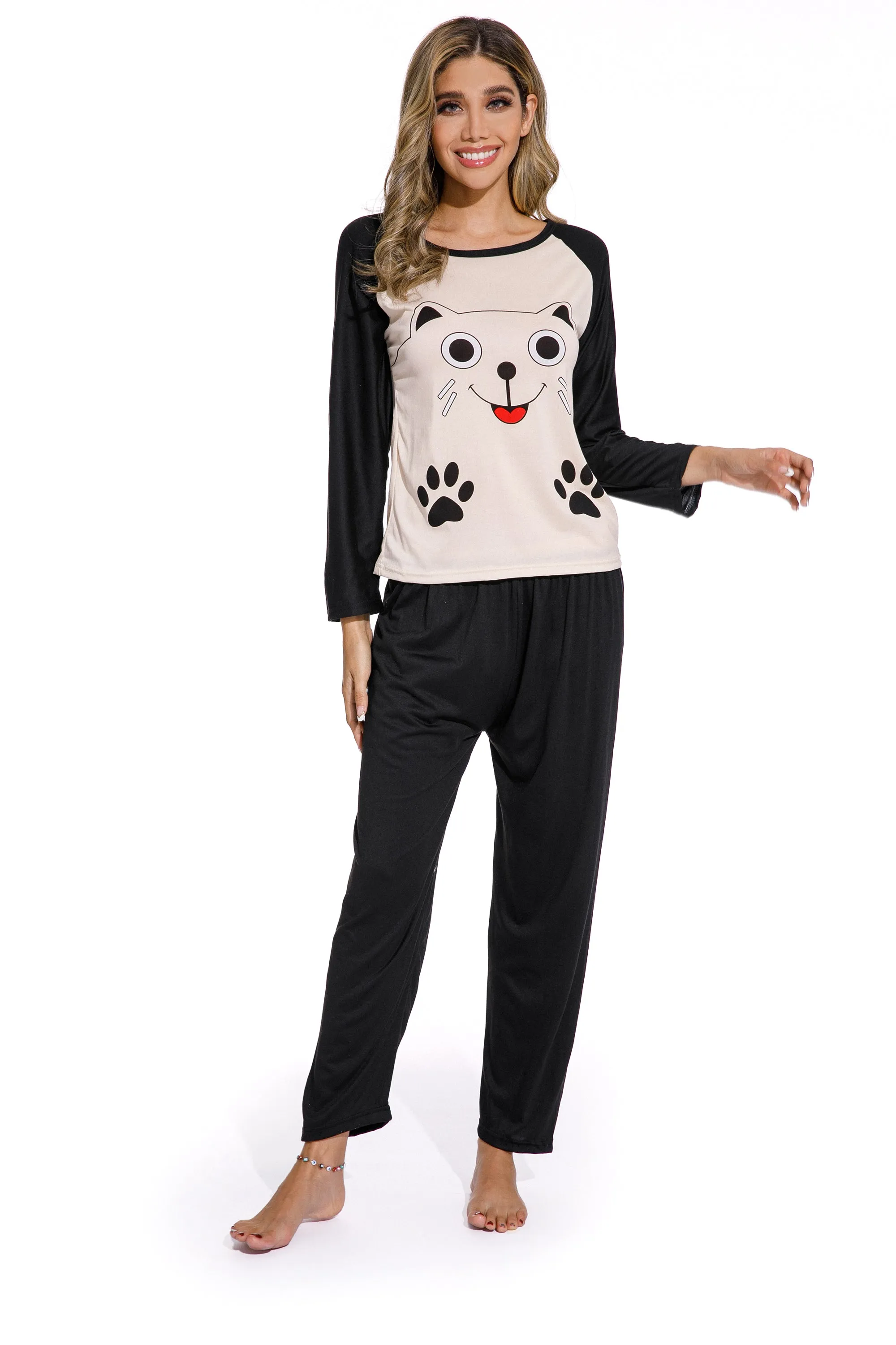 Long Sleeve Smiley Cat Print Sleepwear Set
