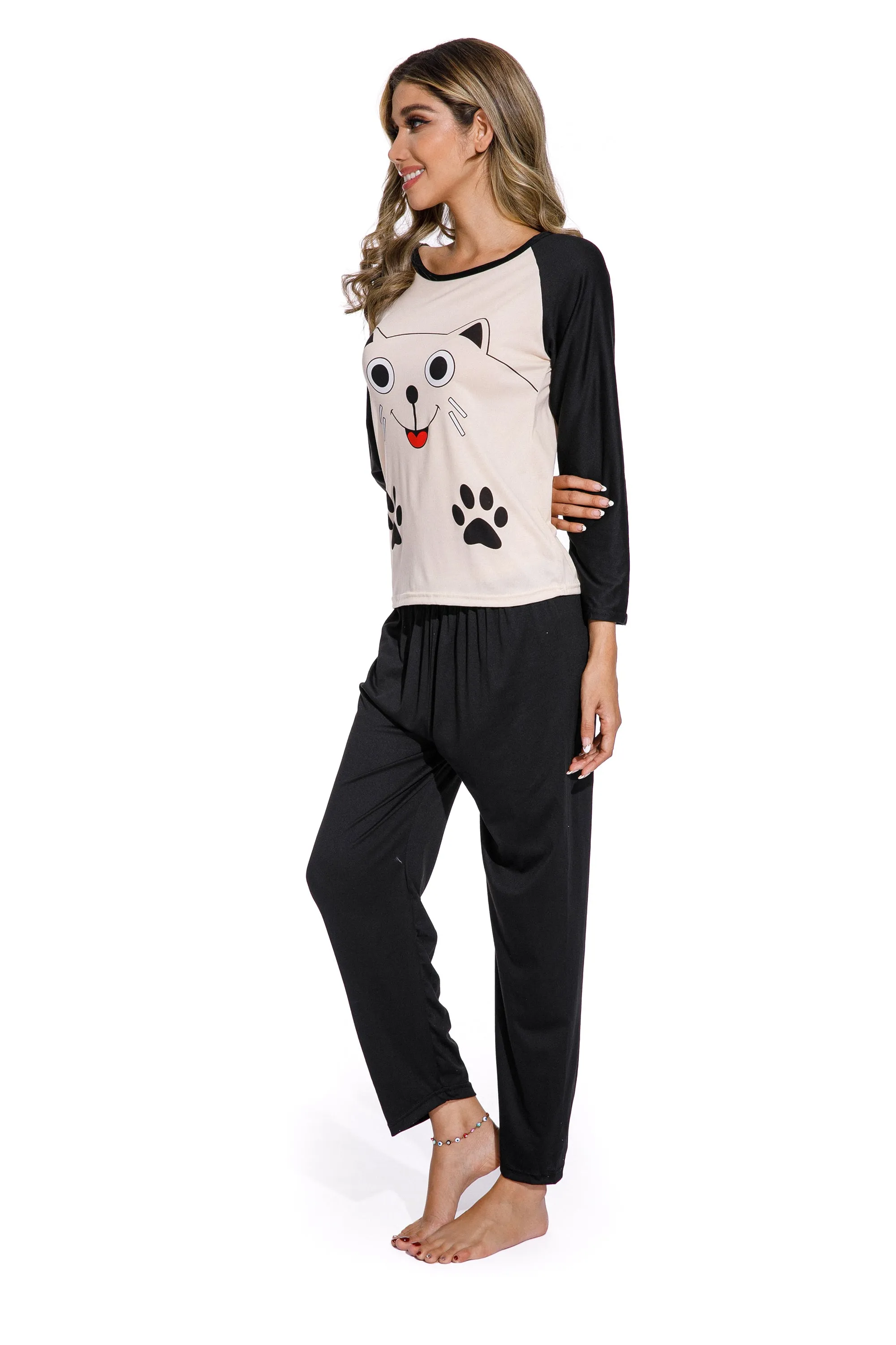 Long Sleeve Smiley Cat Print Sleepwear Set