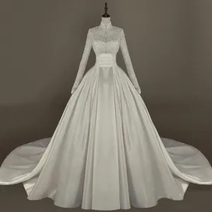 Long Sleeves White Wedding Dress Ball Gown Floor Length Sweep
