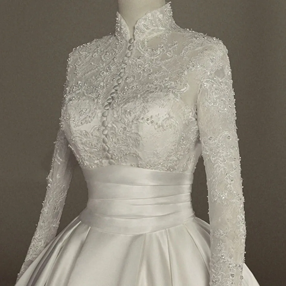 Long Sleeves White Wedding Dress Ball Gown Floor Length Sweep