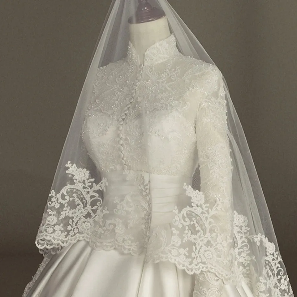 Long Sleeves White Wedding Dress Ball Gown Floor Length Sweep