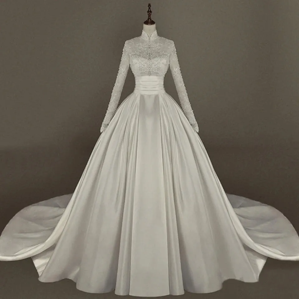 Long Sleeves White Wedding Dress Ball Gown Floor Length Sweep