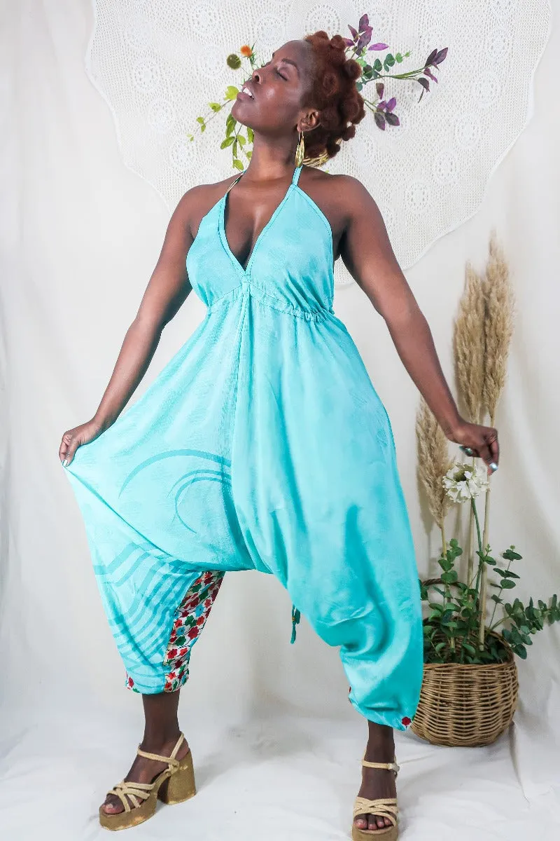 Medusa Harem Jumpsuit - Vintage Sari - Aqua Diamonds & Daisies - M/L