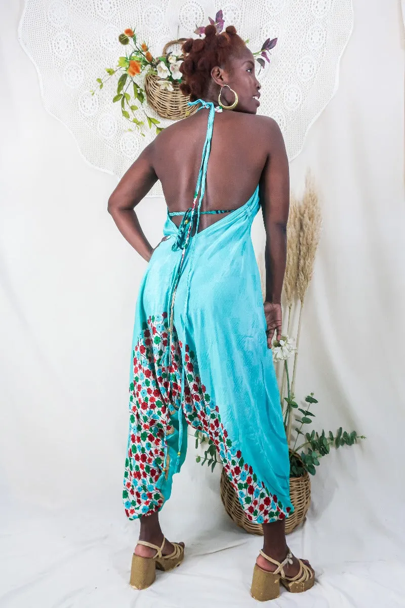 Medusa Harem Jumpsuit - Vintage Sari - Aqua Diamonds & Daisies - M/L