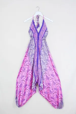 Medusa Harem Jumpsuit - Vintage Sari - Barbie Pink & Purple Vines - M/L