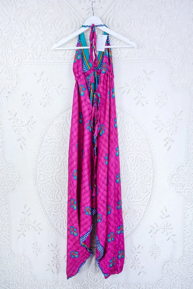 Medusa Harem Jumpsuit - Vintage Sari - Cerise, Gold & Jade Wildflower - S/M