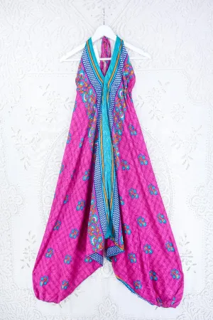 Medusa Harem Jumpsuit - Vintage Sari - Cerise, Gold & Jade Wildflower - S/M