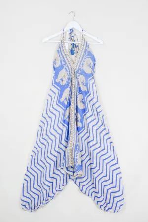 Medusa Harem Jumpsuit - Vintage Sari - Cornflower Blue Peacock Chevron - M/L