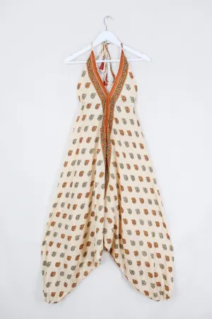 Medusa Harem Jumpsuit - Vintage Sari - Cream & Copper Floral Motif - M/L
