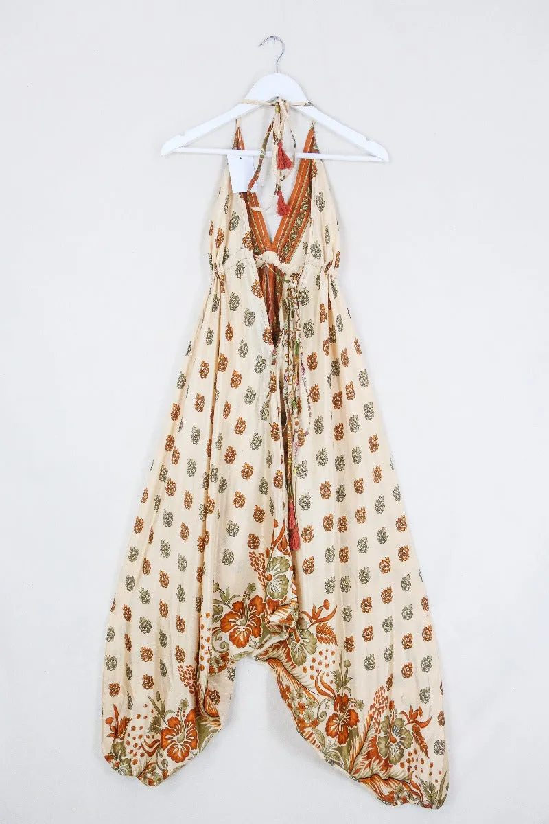 Medusa Harem Jumpsuit - Vintage Sari - Cream & Copper Floral Motif - M/L