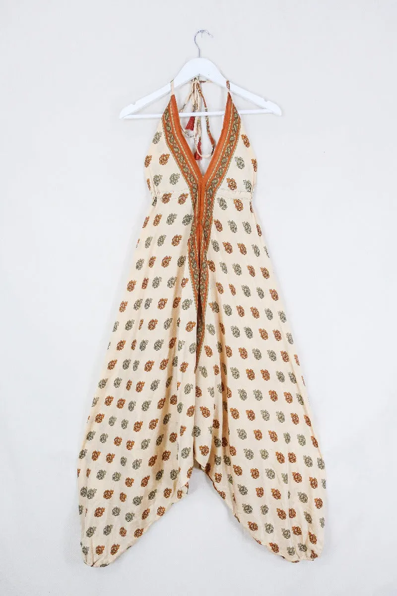 Medusa Harem Jumpsuit - Vintage Sari - Cream & Copper Floral Motif - M/L