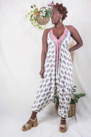 Medusa Harem Jumpsuit - Vintage Sari - Eggshell & Rosehip Pink Ferns - L/XL
