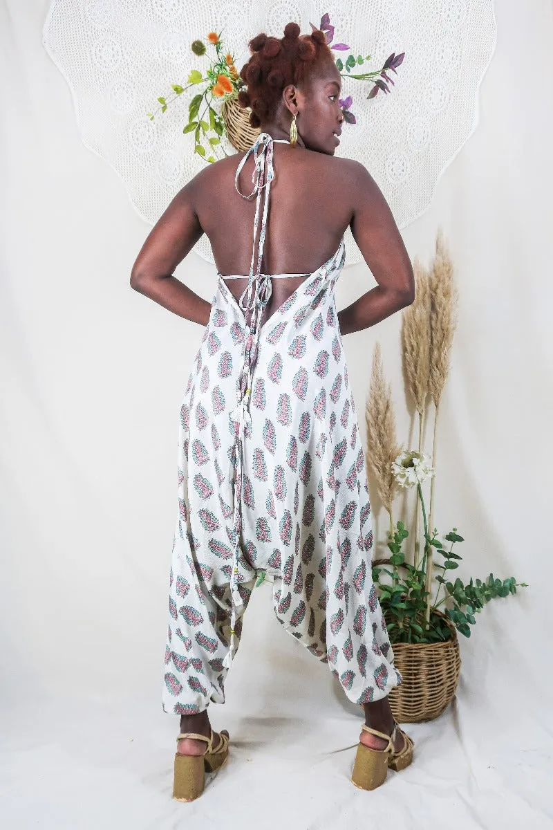 Medusa Harem Jumpsuit - Vintage Sari - Eggshell & Rosehip Pink Ferns - L/XL